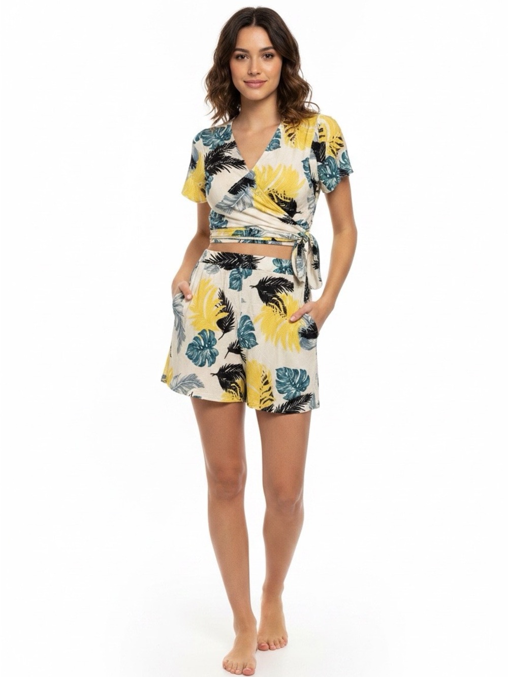 High-Waist Tropical Print Women's Shorts - Yellow & Teal